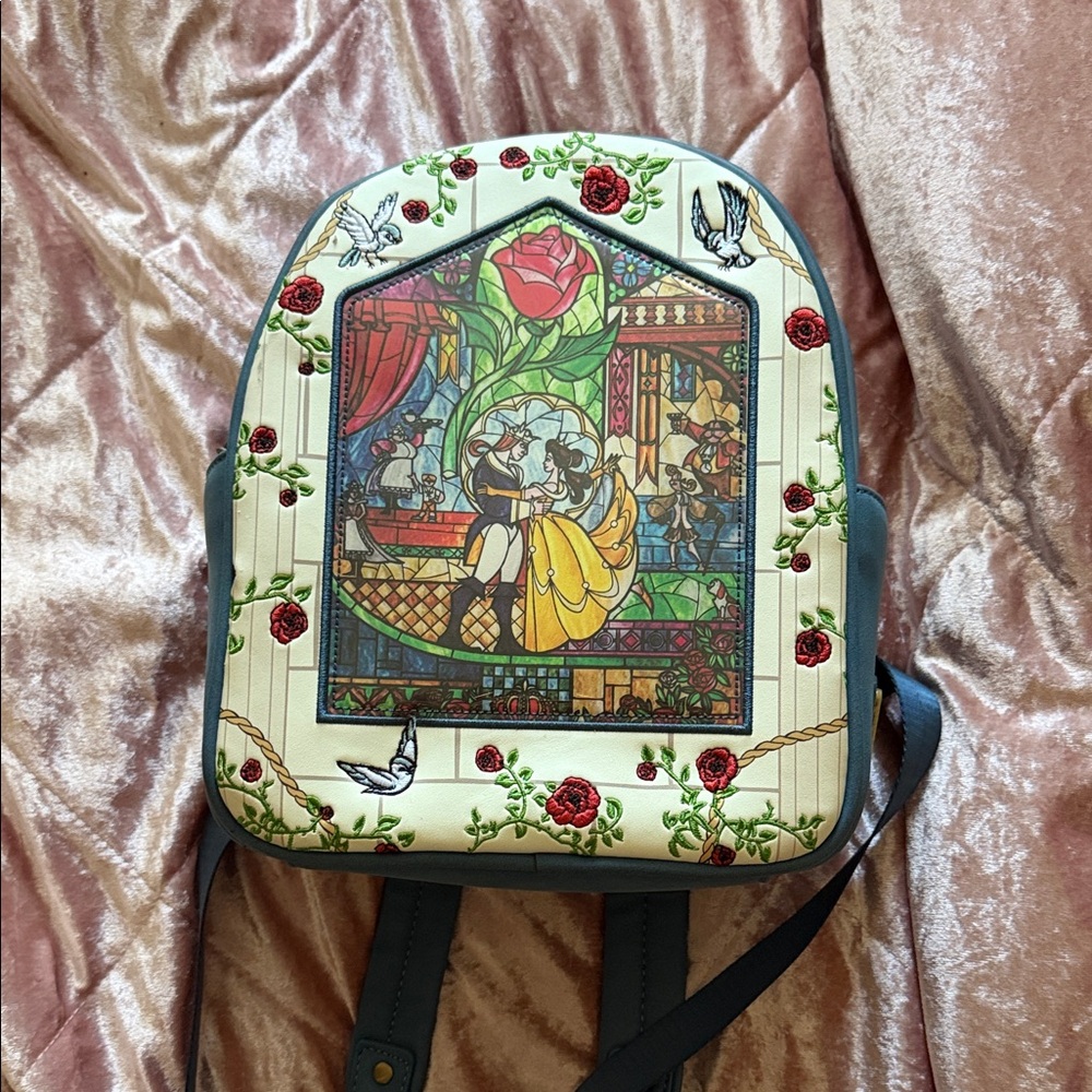 Loungefly Teal Beauty & the Beast Stained Glass Backpack - Red, Green, Teal Blue